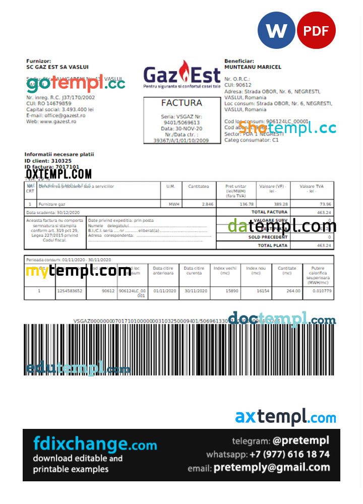 download Romania Gaz Est utility bill template free fonts