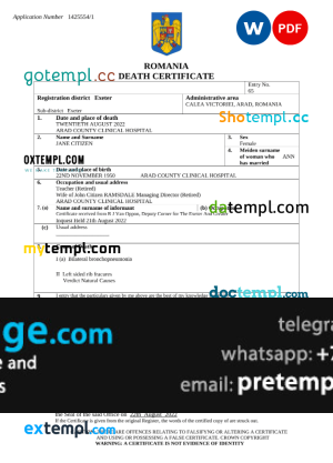 download Romania vital record death certificate template free fonts