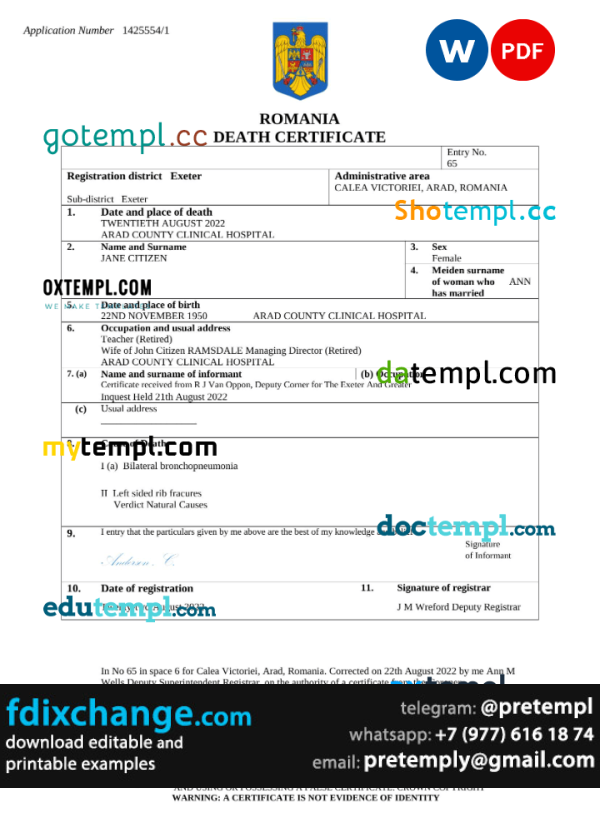 download Romania vital record death certificate template free fonts