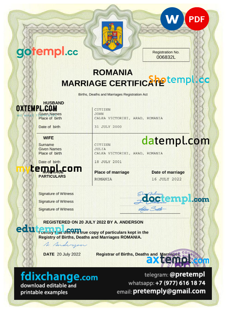 download Romania marriage certificate template free fonts, completely editable