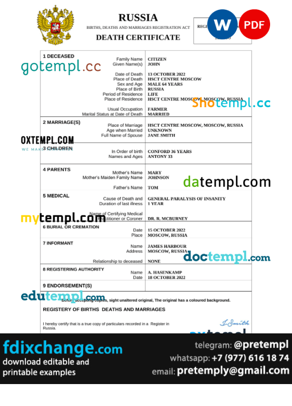 download Russia death certificate template free fonts, completely editable