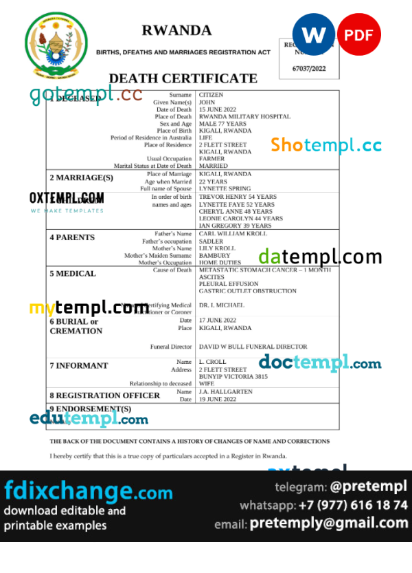 download Rwanda vital record death certificate template free fonts