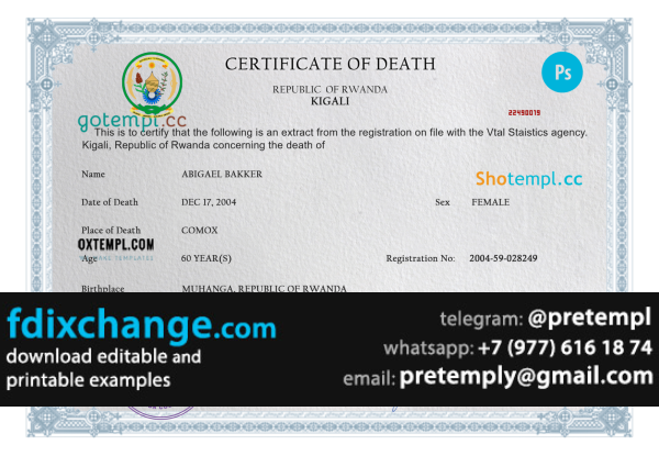 download Rwanda vital record death certificate template free fonts