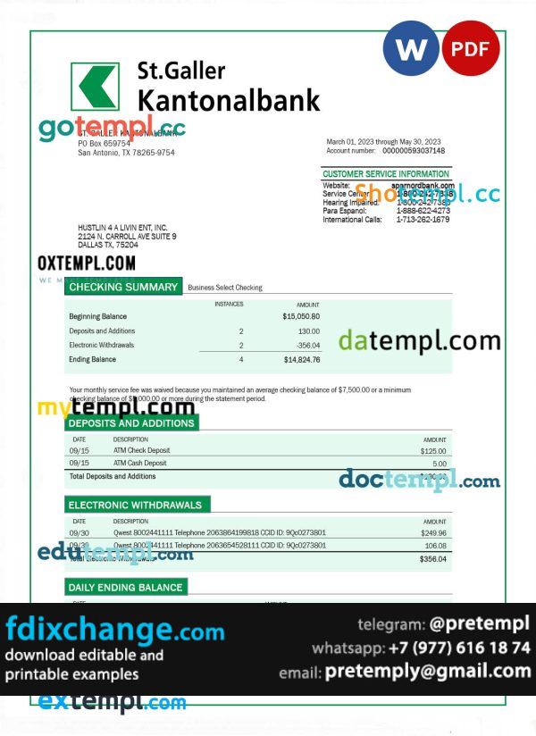 download ST. Galler Kantonalbank organization checking account statement template free fonts