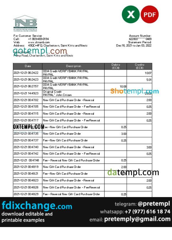 download Saint Kitts and Nevis SKNA bank statement, template free fonts