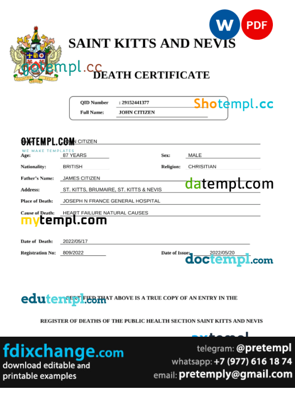 download Saint Kitts and Nevis vital record death certificate template free fonts