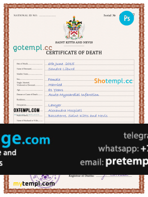 download Saint Kitts and Nevis death certificate template free fonts, completely editable