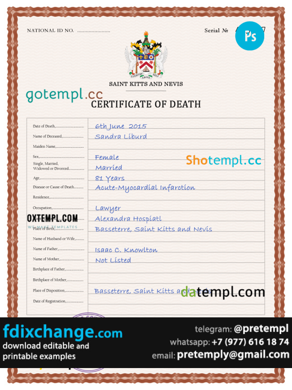 download Saint Kitts and Nevis death certificate template free fonts, completely editable