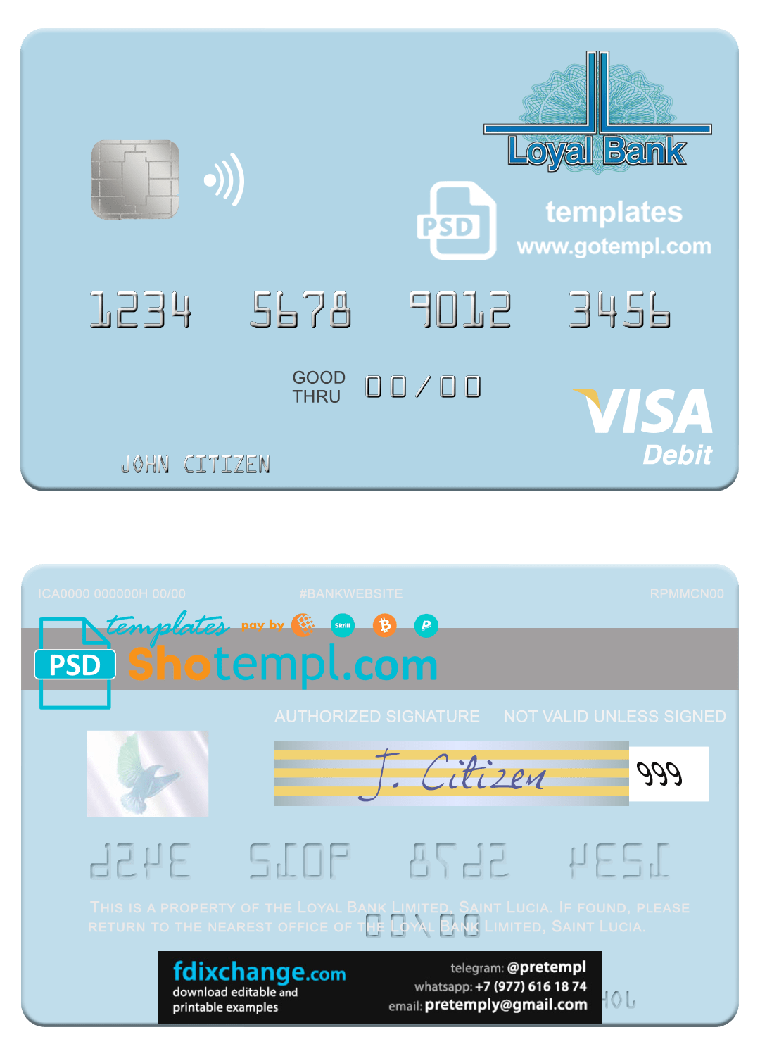 download Saint Lucia Loyal Bank Limited visa debit card template free fonts