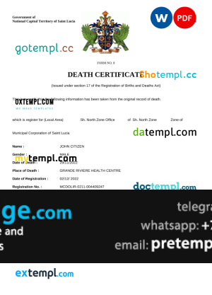 download Saint Lucia death certificate template free fonts, completely editable