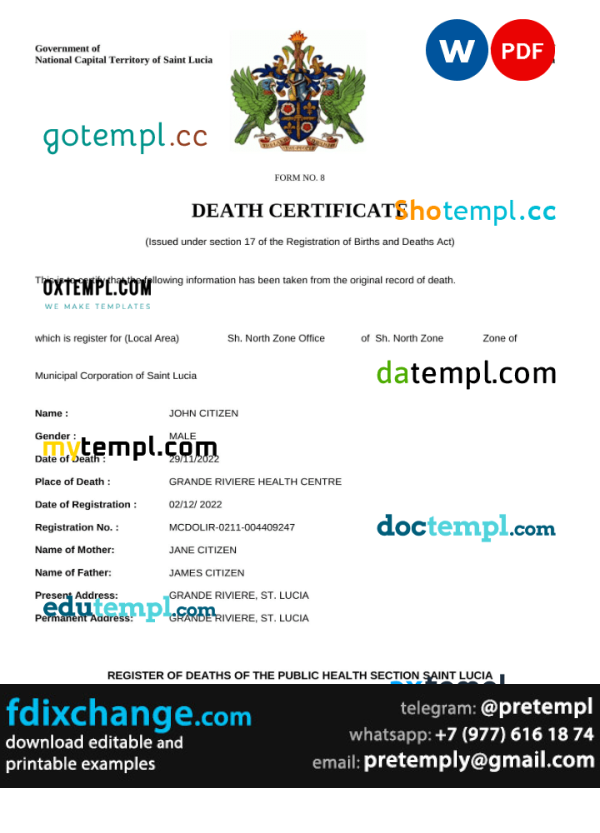download Saint Lucia death certificate template free fonts, completely editable