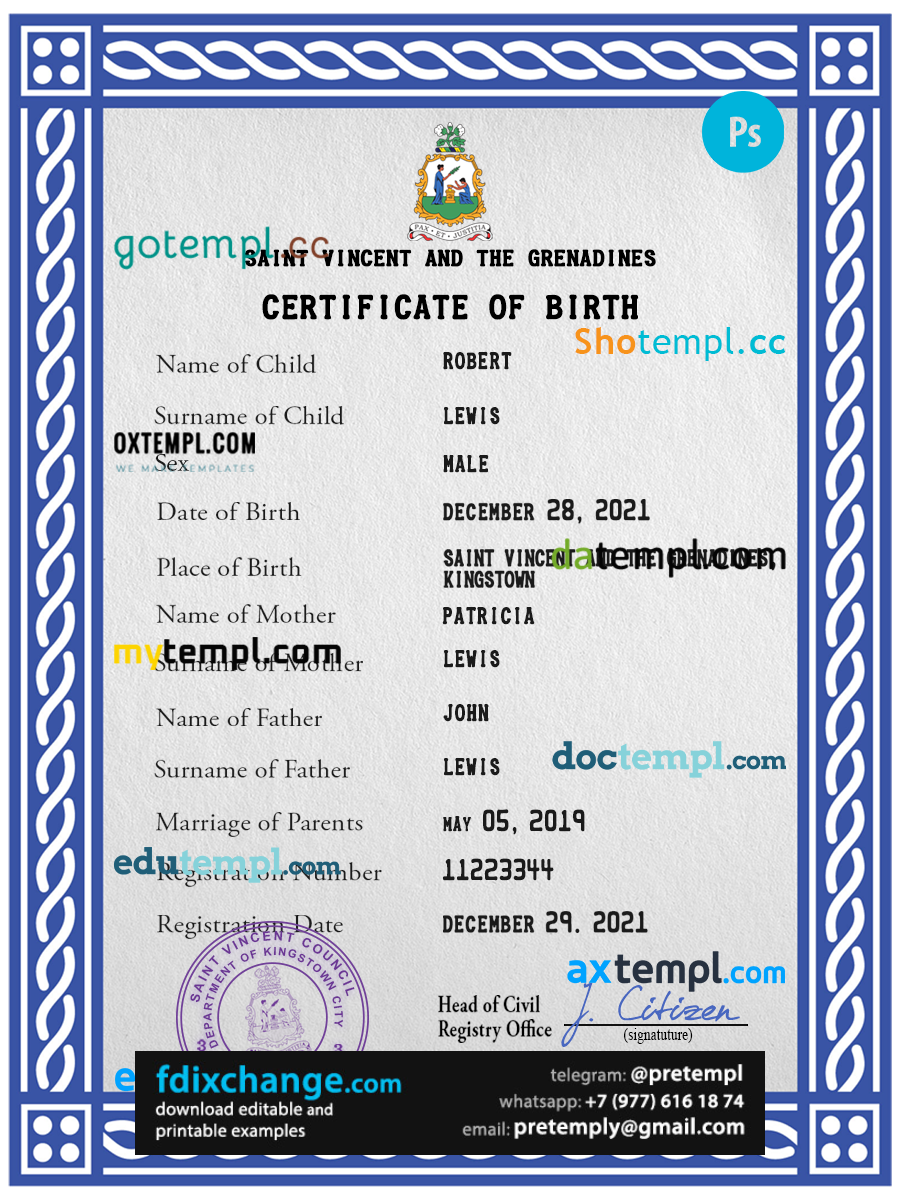 download Saint Vincent and the Grenadines birth certificate template free fonts, completely editable