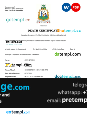download Saint Vincent and the Grenadines vital record death certificate template free fonts