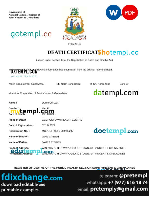 download Saint Vincent and the Grenadines vital record death certificate template free fonts