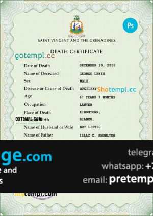 download Saint Vincent and the Grenadines death certificate template free fonts, completely editable
