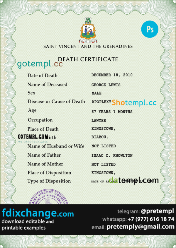 download Saint Vincent and the Grenadines death certificate template free fonts, completely editable
