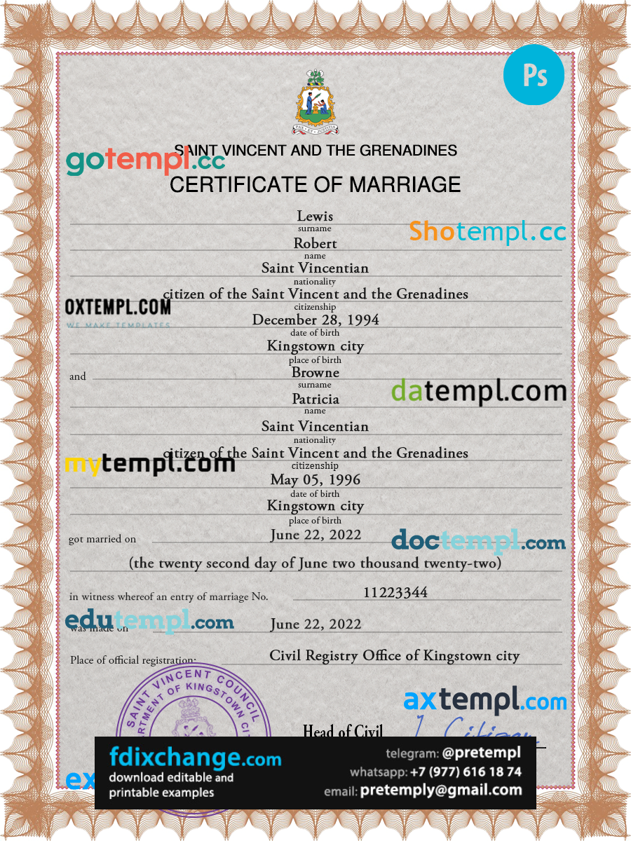 download Saint Vincent and the Grenadines marriage certificate template free fonts, completely editable