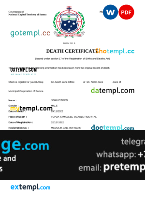 download Samoa death certificate template free fonts, completely editable