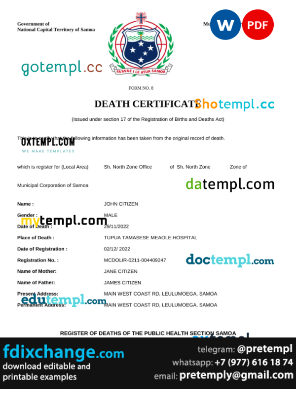 download Samoa death certificate template free fonts, completely editable
