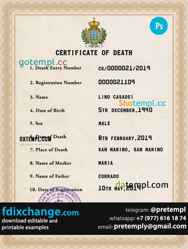download Samoa vital record death certificate template free fonts
