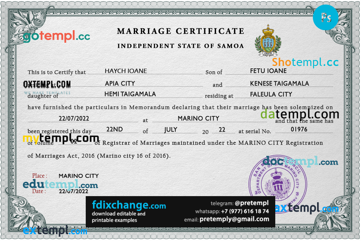 download Samoa marriage certificate template free fonts, completely editable