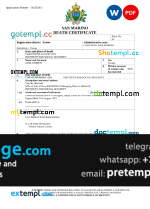 download San Marino death certificate template free fonts, completely editable