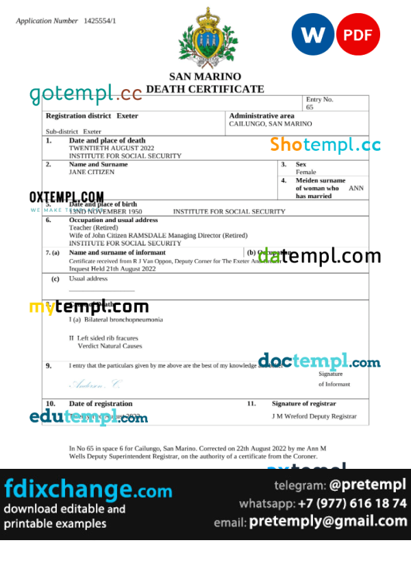 download San Marino death certificate template free fonts, completely editable