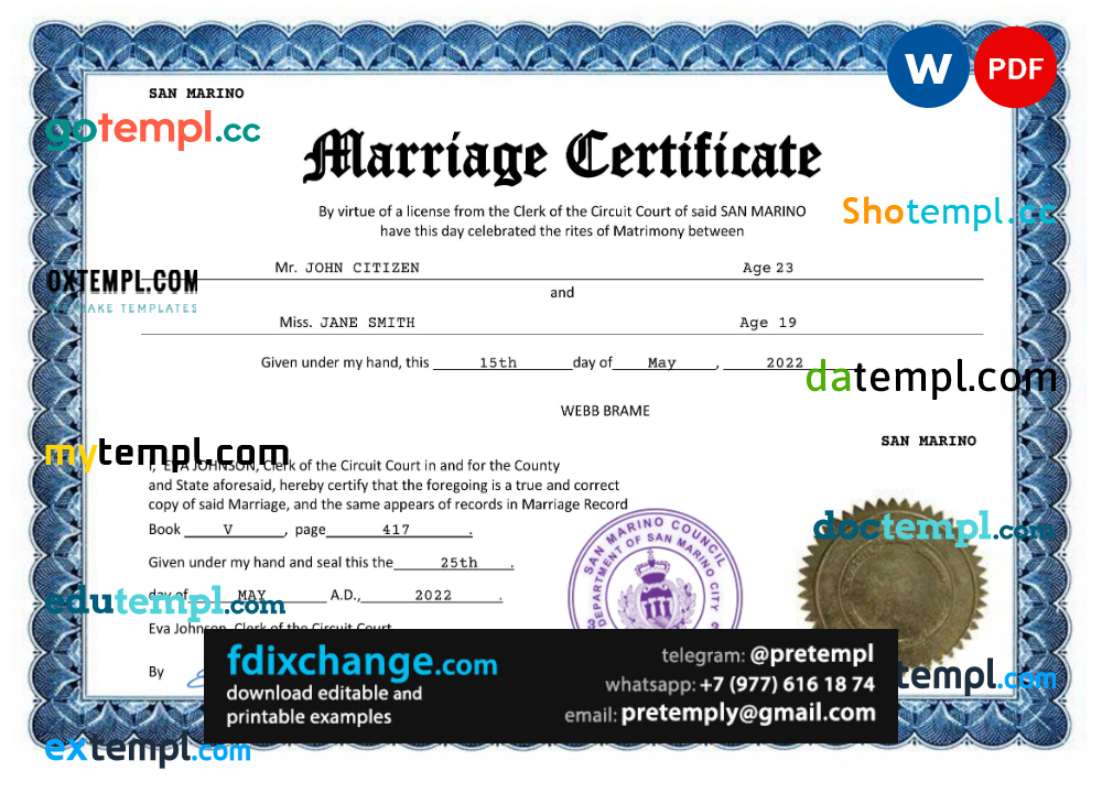 download San Marino marriage certificate template free fonts, completely editable