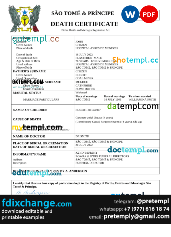download Sao Tome and Principe vital record death certificate template free fonts