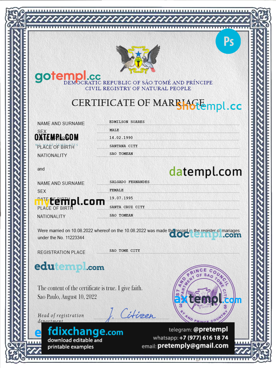 download Sao Tome and Principe marriage certificate template free fonts, completely editable