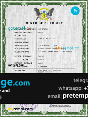 download Sao Tome vital record death certificate template free fonts, completely editable