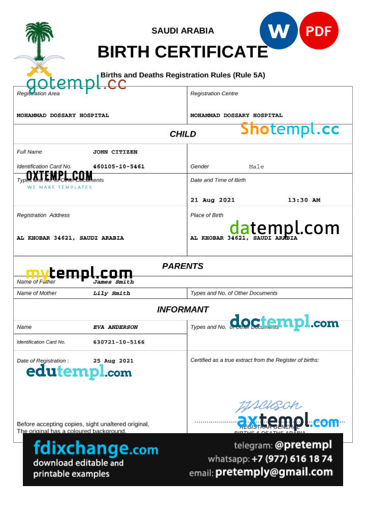 download Saudi Arabia birth certificate template free fonts, completely editable