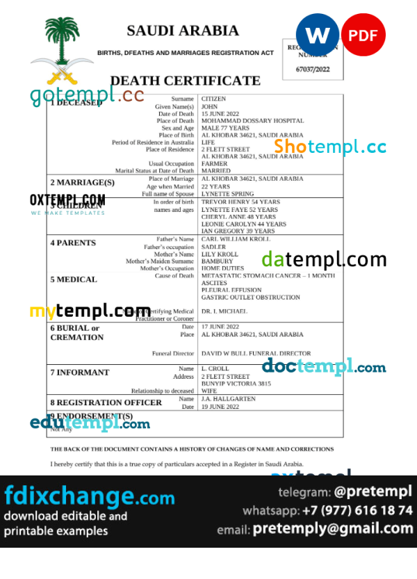 download Saudi Arabia death certificate template free fonts, completely editable