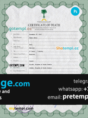 download Saudi Arabia death certificate template free fonts, completely editable