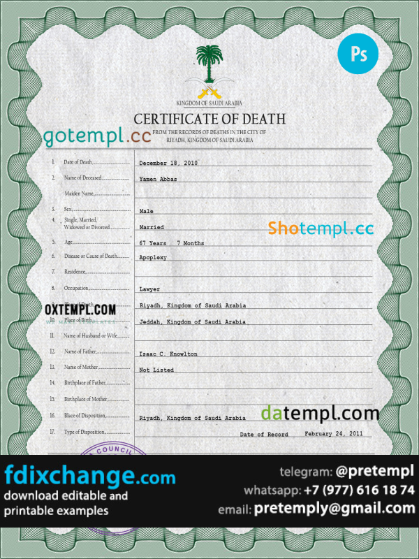 download Saudi Arabia death certificate template free fonts, completely editable