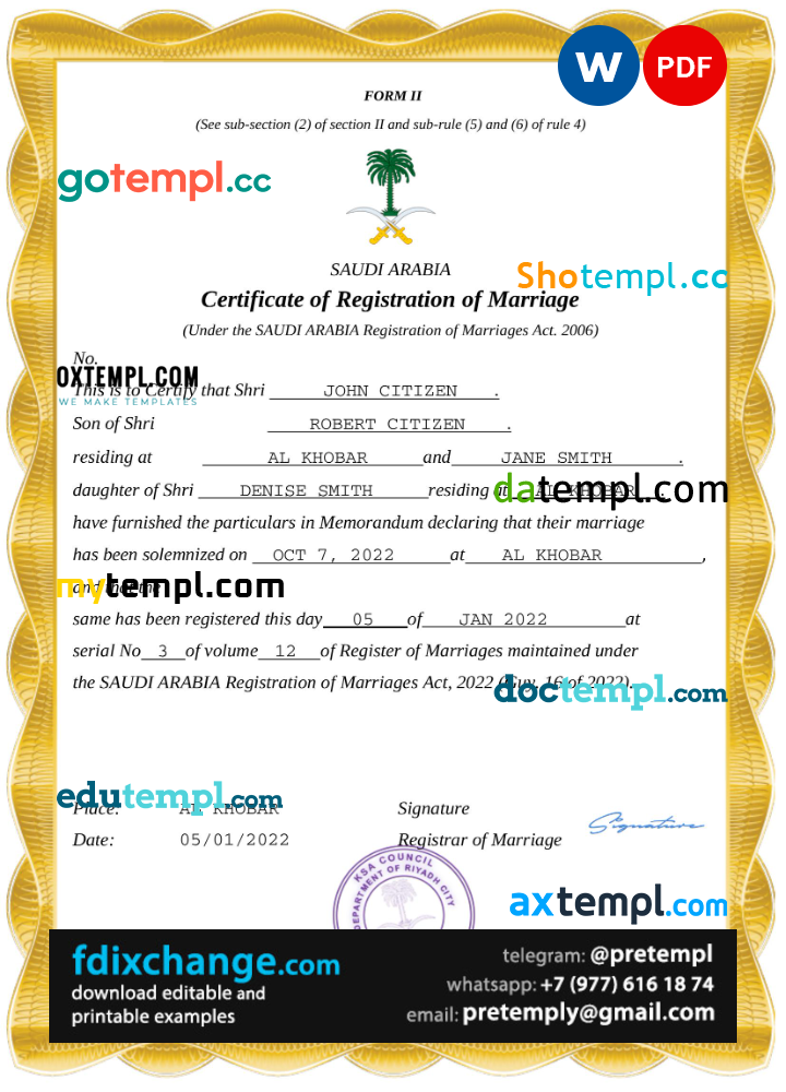 download Saudi Arabia marriage certificate template free fonts, completely editable