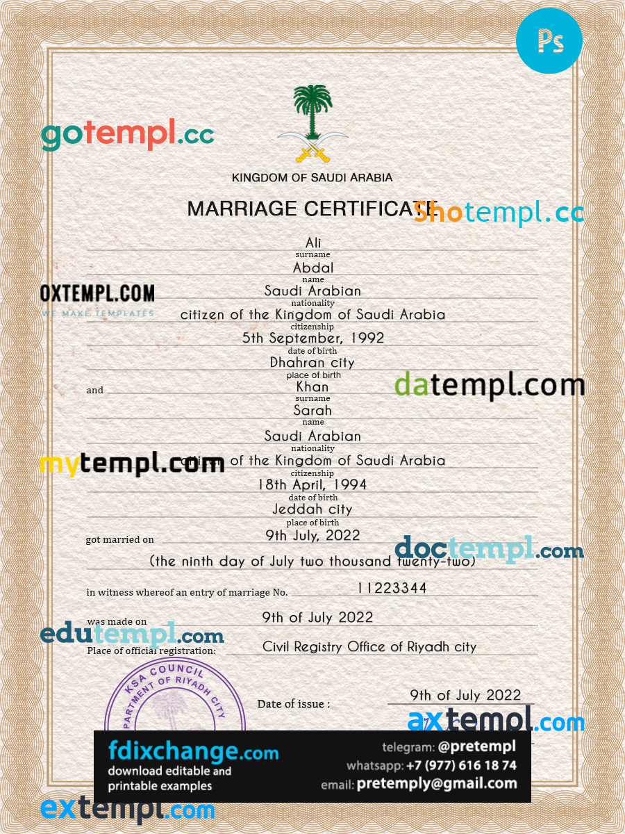 download Saudi Arabia marriage certificate template free fonts