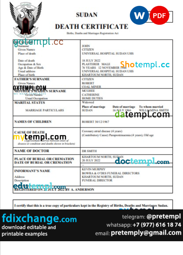 download Sudan vital record death certificate template free fonts