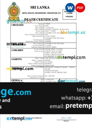 download Sri Lanka vital record death certificate template free fonts