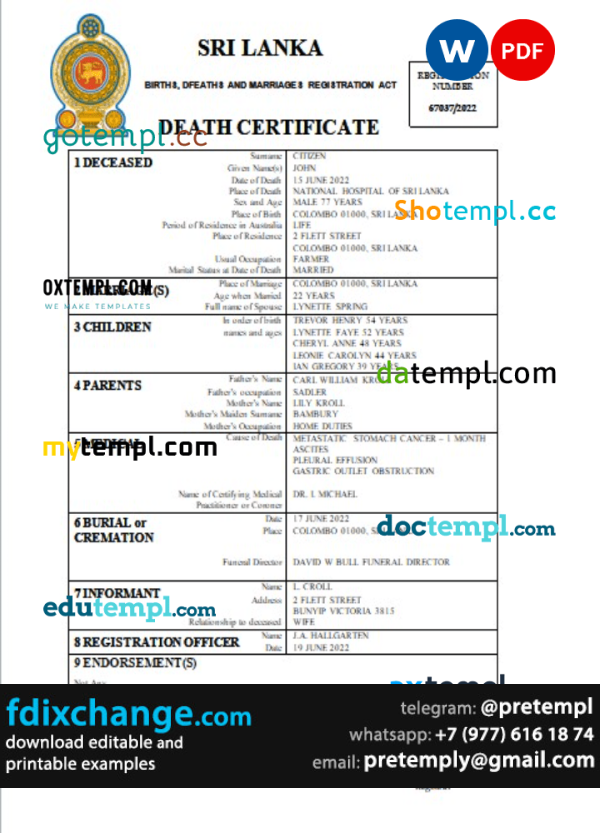 download Sri Lanka vital record death certificate template free fonts