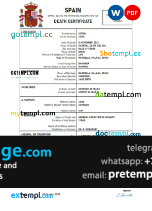 download Spain death certificate template free fonts, completely editable
