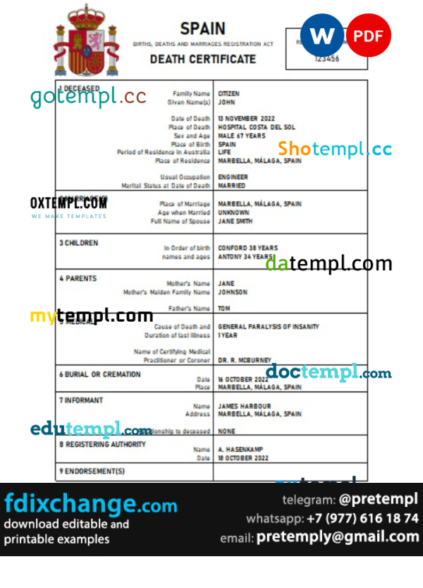 download Spain death certificate template free fonts, completely editable