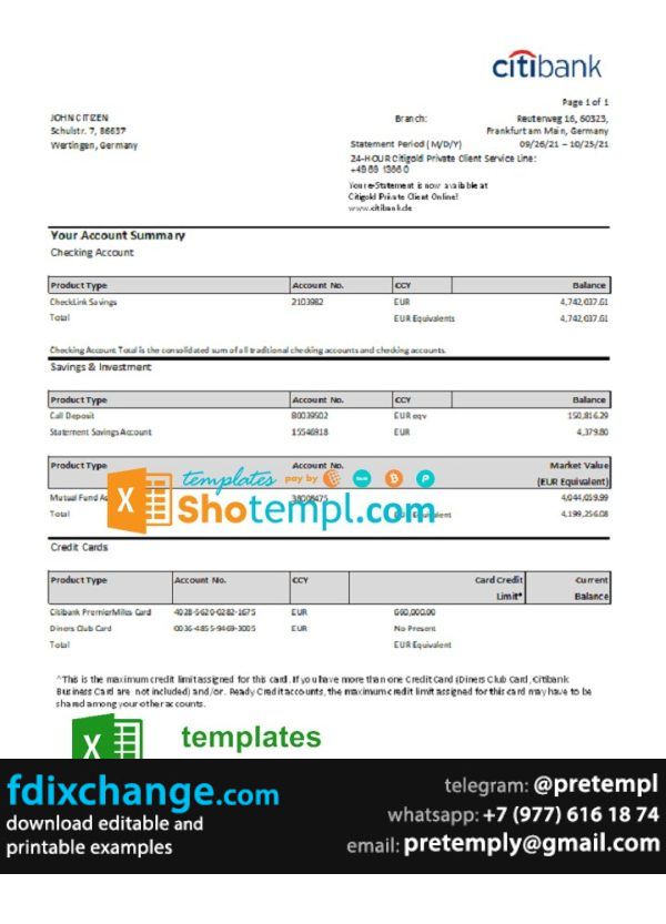 download Germany Citibank bank account statement template free fonts