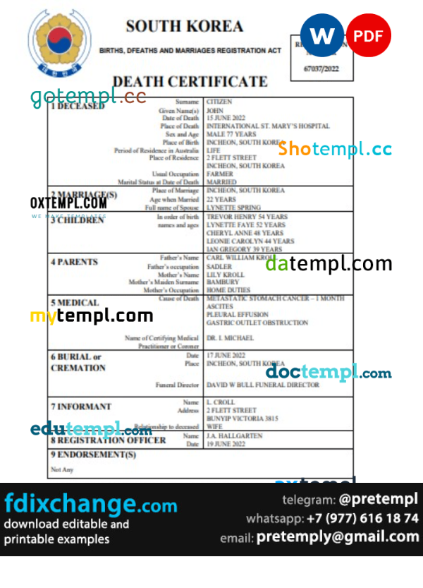 download South Korea vital record death certificate template free fonts