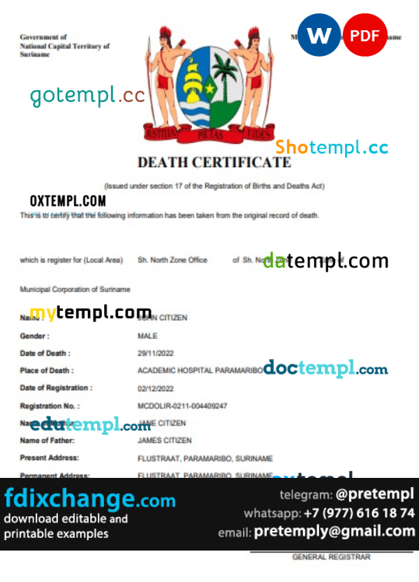 download Suriname death certificate template free fonts, completely editable