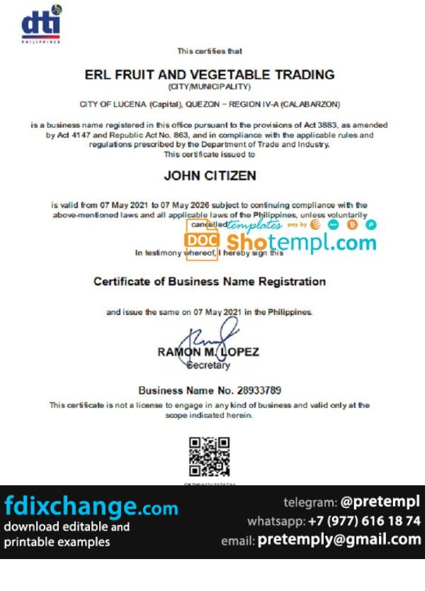 download Philippines Department of Trade and Industry (DTI) private entrepreneur certificate template free fonts