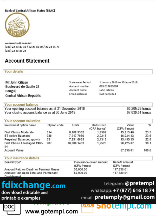 download Central African Republic Bank of Central African States (BEAC) bank statement template free fonts