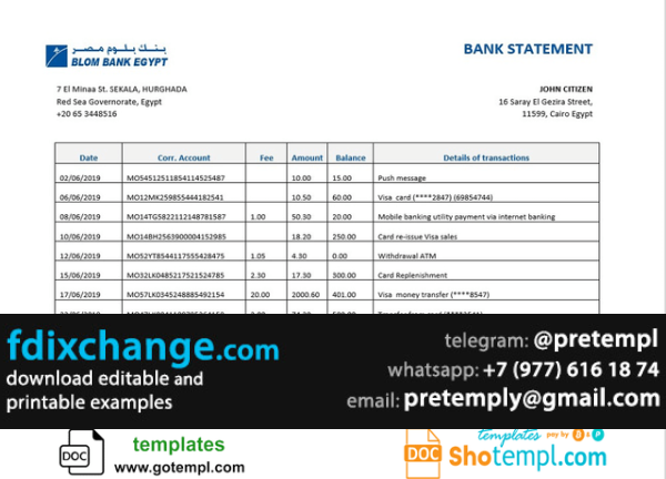 download Egypt Blom Bank of Egypt proof of address statement template free fonts