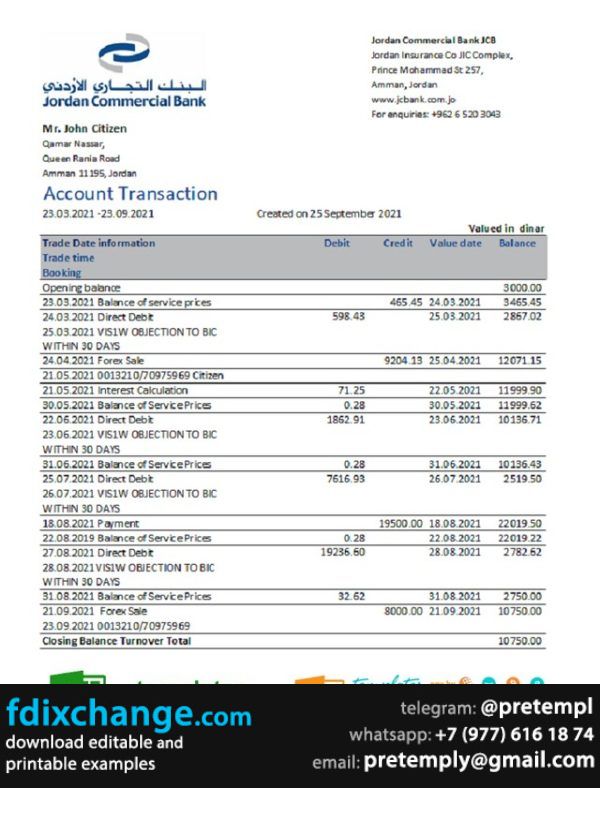 download Jordan Commercial Bank JCB bank statement easy to fill template free fonts
