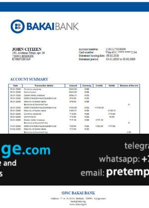 download Kyrgyzstan OJSC Bakai Bank proof of address bank statement template free fonts